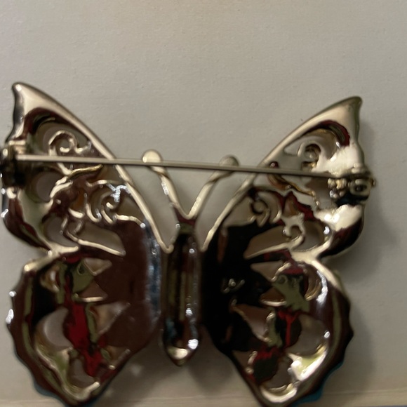 Liz Claiborne Vintage 1970s Gold Tone and Orange Stone Butterfly Brooch - Picture 2 of 2